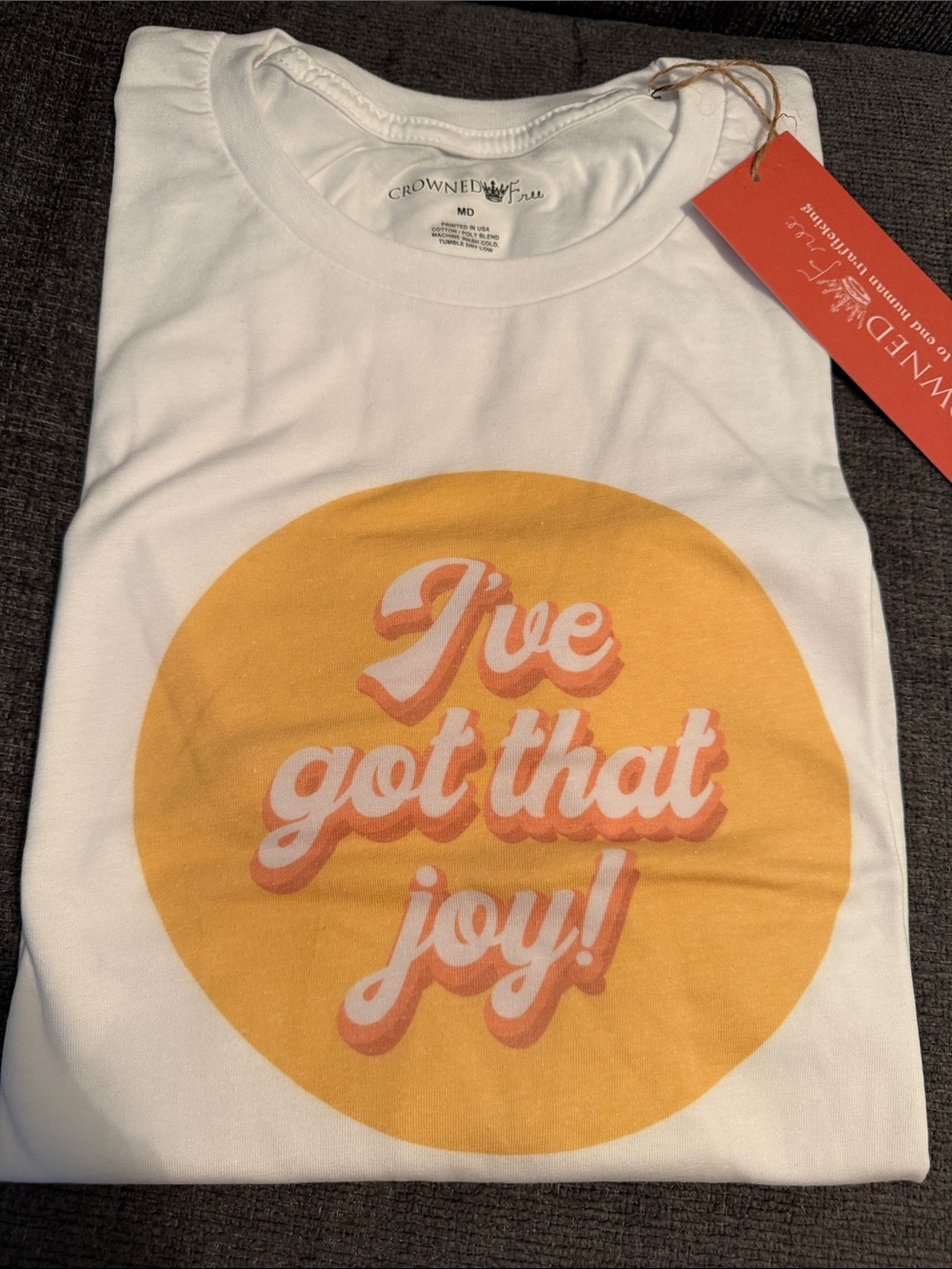 Crown White Tee with Yellow Circle and Pink-Orange Retro Script